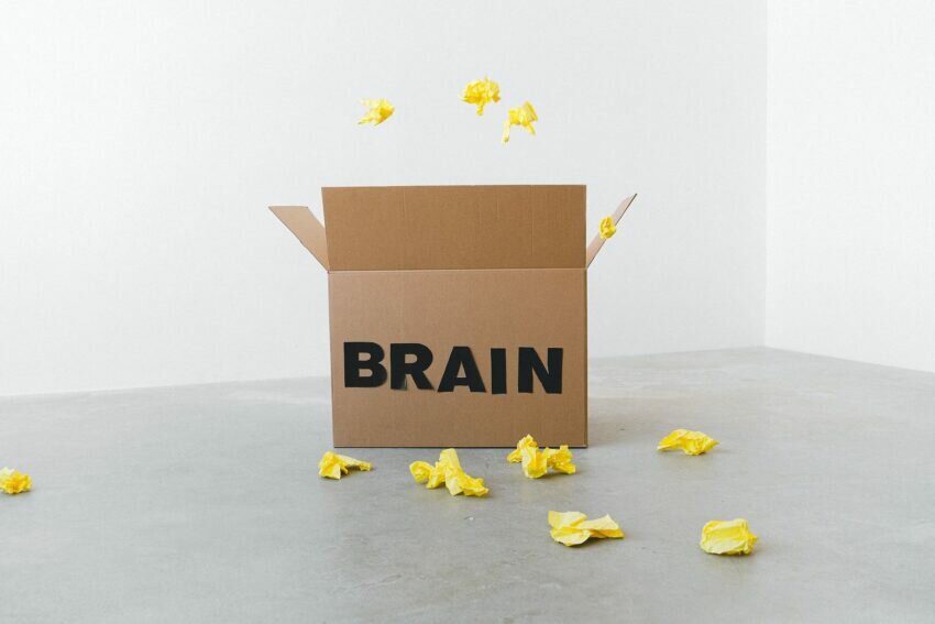 brain inscription on cardboard box under flying paper pieces